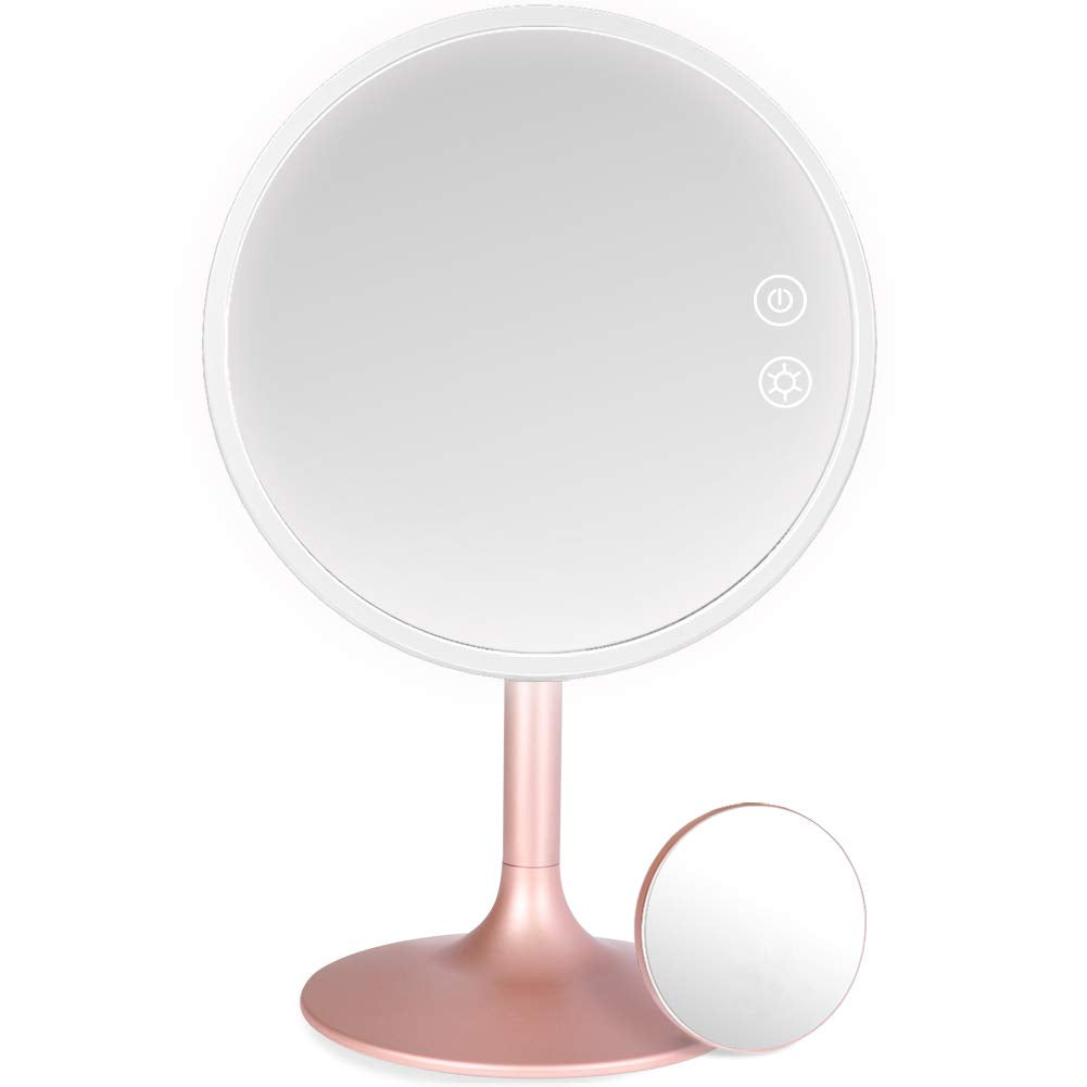 Rottogoon Makeup Mirror with Lights, Rechargeable Cordless Lighted Makeup Mirror LED Vanity Mirror with 1X/5X Magnification, 3 Color Lighting Modes Detachable Light Up Mirror Touch Screen Dimming
