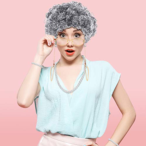 Old Lady Cosplay Set Granny Wig Cap Glasses Chain Cords Faux Pearl Bead