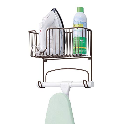 mDesign Metal Wall Mount Ironing Board Holder with Large Storage Basket