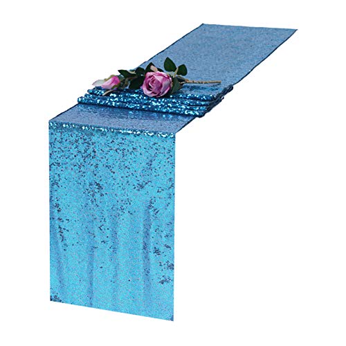 TCBESTO Aqua Blue Table Runner 12"x72" Sequin Table Runners Sparkly Glitter Metallic