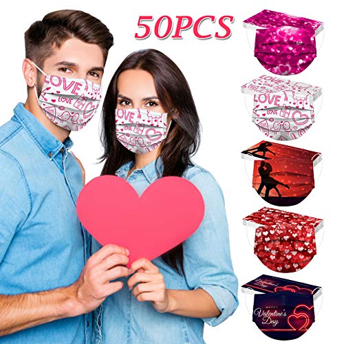 50pcs Disposable Face Mask, Valentine's Day Face Mask for Adult, Heart Shaped