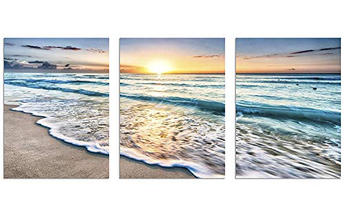 TutuBeer 3 Panel Beach Canvas Wall Art for Home Decor Blue Sea Sunset White Beach