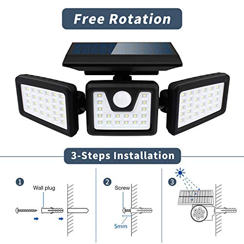 Otdair Solar Security Lights, 3 Head Motion Sensor Lights Adjustable 70LED Flood