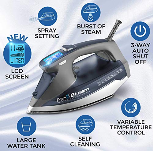 PurSteam Professional Grade 1800-Watt Steam Iron with Digital LCD Screen, 3-Way Auto-Off