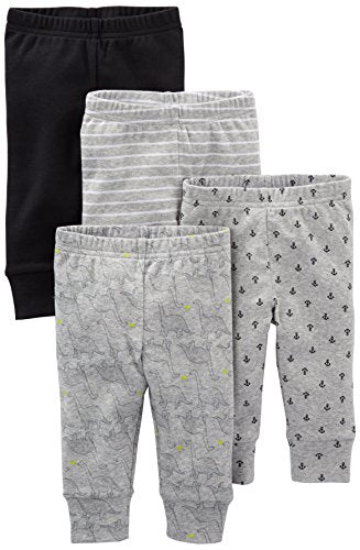 Simple Joys by Carter's Baby Boys' 4-Pack Pant, Black/Gray/Dino/Anchor, Preemie