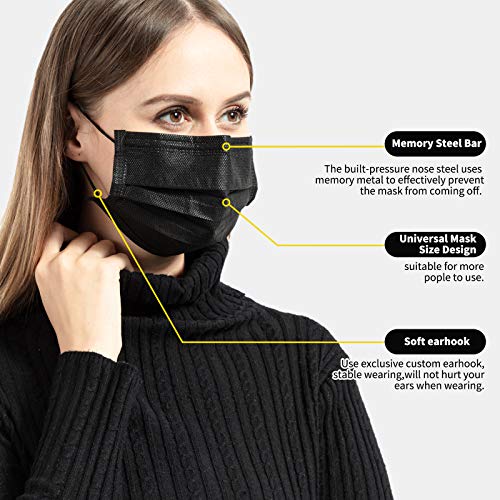 50 Pack Individually Wrapped Disposable Black Face Mask Cover for Adults, Single Use