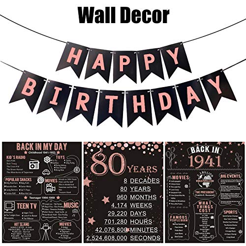 Homanga 80th Birthday/Anniversary Poster, Rose Gold 3 Pieces 11”x 14” Back In 1941 Sign