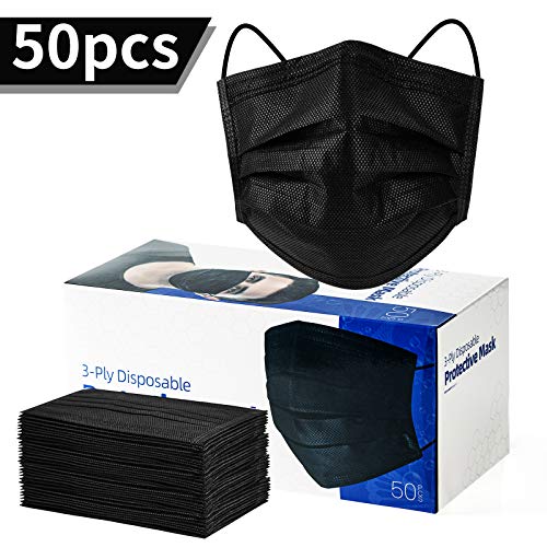 50 Pack Individually Wrapped Disposable Black Face Mask Cover for Adults, Single Use