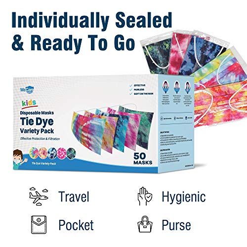 WeCare Kids Disposable Face Masks, 50 Asstd Tie Dye Masks, Individually Wrapped