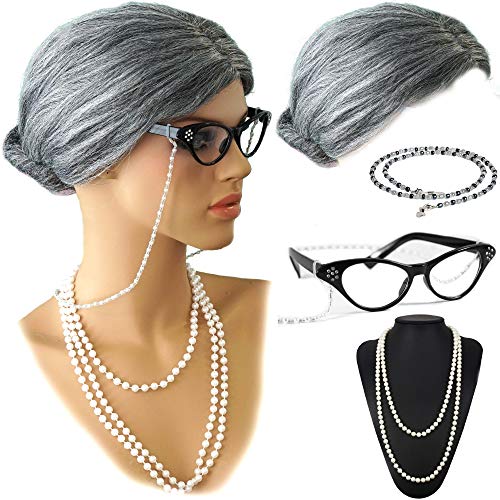 Vibe Old Lady Wig Cosplay Set, Gray Hair Granny Wig with Pearl Necklace, Glasses