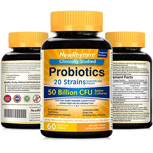 NewRhythm Probiotics 50 Billion CFU 20 Strains, 60 Veggie Capsules, Targeted Release