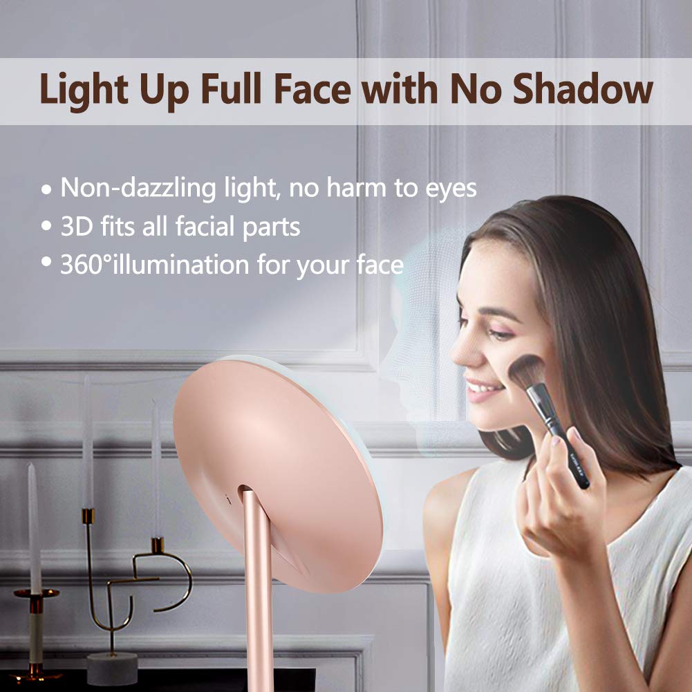 Rottogoon Makeup Mirror with Lights, Rechargeable Cordless Lighted Makeup Mirror LED Vanity Mirror with 1X/5X Magnification, 3 Color Lighting Modes Detachable Light Up Mirror Touch Screen Dimming