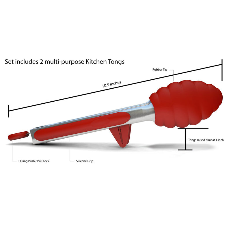 Kitchen Tongs with Built-in Stand, Set of 2, Red, 10.5 Inch, Stainless Steel and Silicone, Cooking Utensils, Free Recipe Ebook