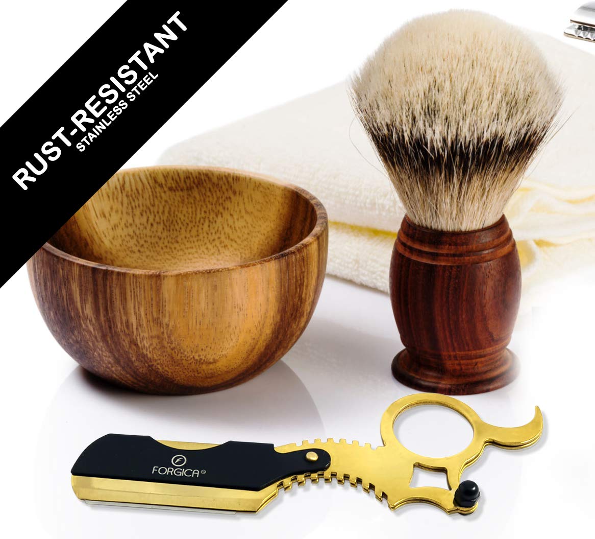 Barber Straight Razor, Professional Barber Straight Edge Razor For Men - Single Ring Barber Razor Compatible with Double Edge Blade Beard Shaping tool, Titanium Gold Beard Shaper by FORGICA