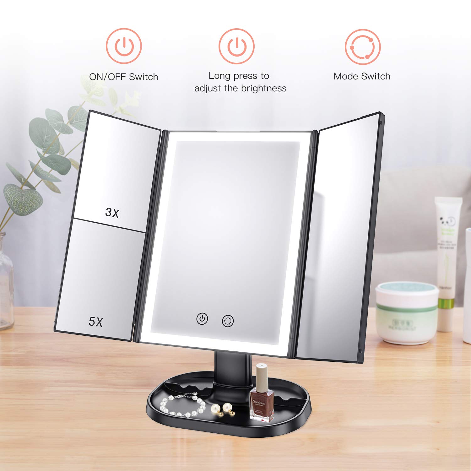 BESTOPE Upgrade Makeup Mirror with Lights,3X 5X Magnification,72 LED Vanity Trifold Mirror,3 Color Lighting Modes Lighted Makeup Mirror with Touch Screen,Portable High Definition Light Up Mirror Black
