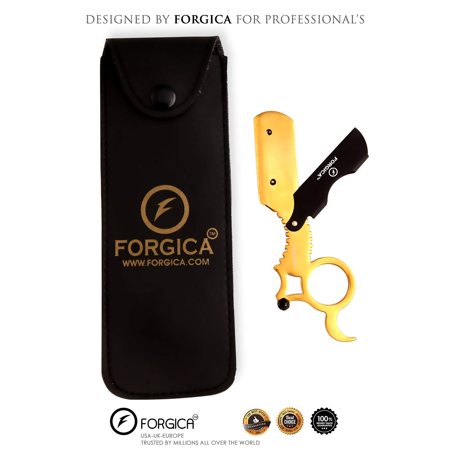 Barber Straight Razor, Professional Barber Straight Edge Razor For Men - Single Ring Barber Razor Compatible with Double Edge Blade Beard Shaping tool, Titanium Gold Beard Shaper by FORGICA