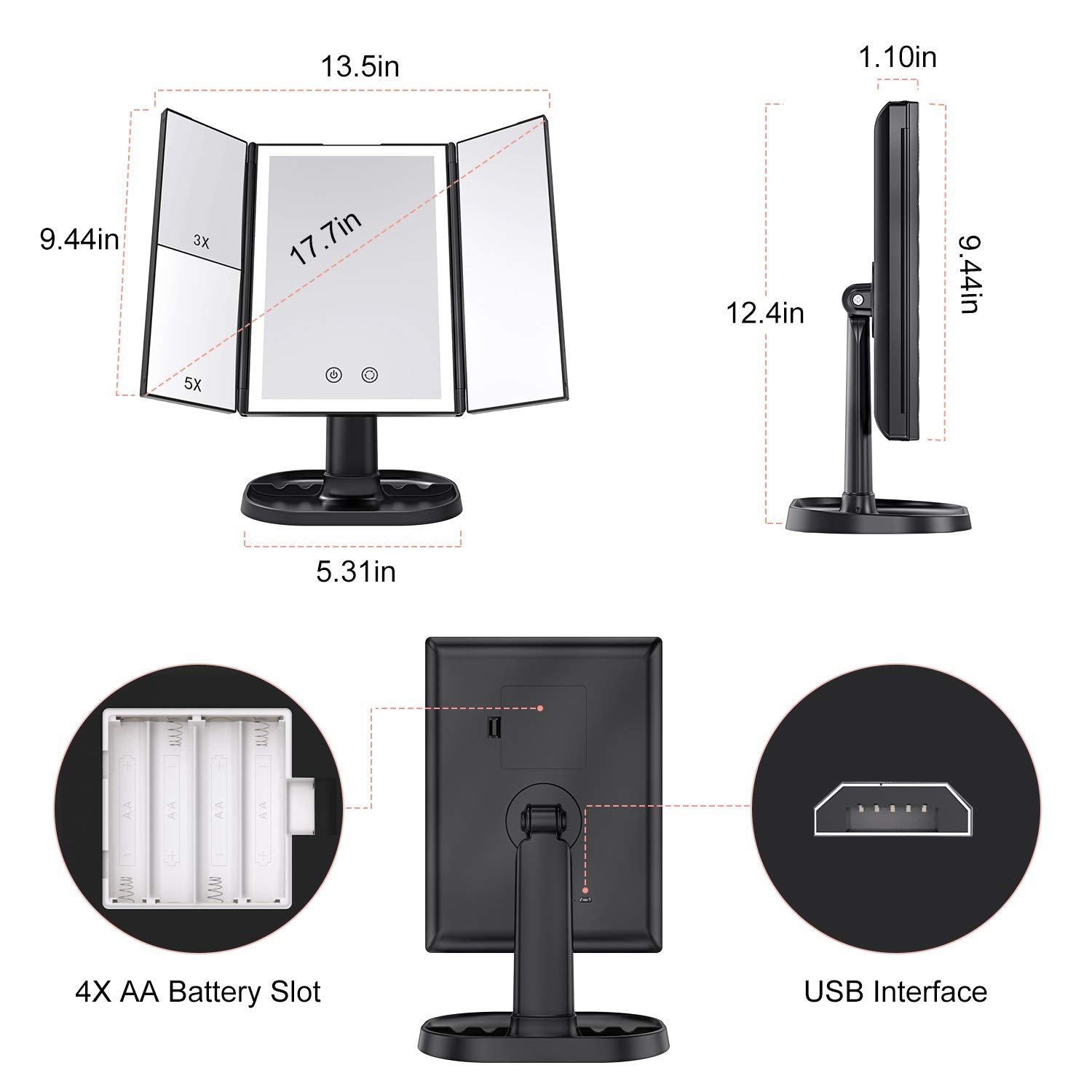 BESTOPE Upgrade Makeup Mirror with Lights,3X 5X Magnification,72 LED Vanity Trifold Mirror,3 Color Lighting Modes Lighted Makeup Mirror with Touch Screen,Portable High Definition Light Up Mirror Black