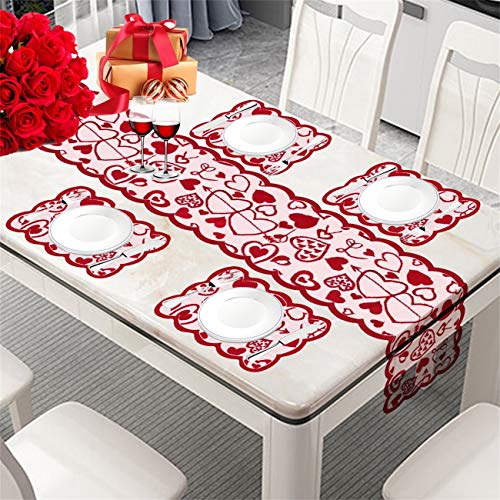 Valentine's Day Decorations Table Runner & Placemats,Set of 5 PCS | 1PC Red Lace Love