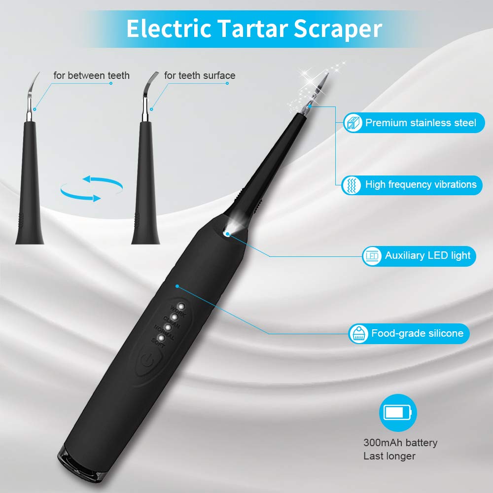 Tooth Tartar Scraper, iFanze 4 in 1 Dental Calculus Plaque Remover, Dental Tools Teeth Stain Remover with Dental Floss Mirror and Tongue Scraper -Powered by USB- Black (Upgraded Version)