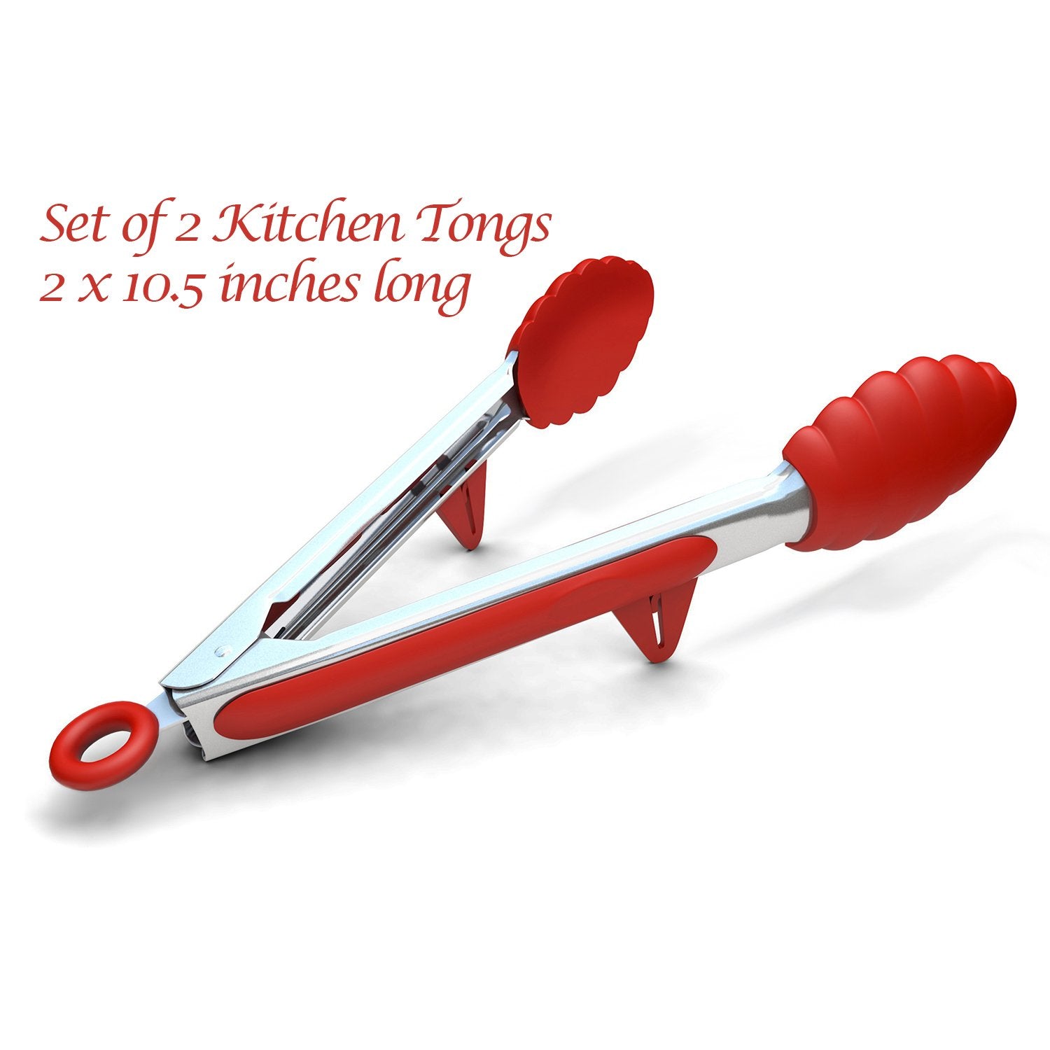 Kitchen Tongs with Built-in Stand, Set of 2, Red, 10.5 Inch, Stainless Steel and Silicone, Cooking Utensils, Free Recipe Ebook