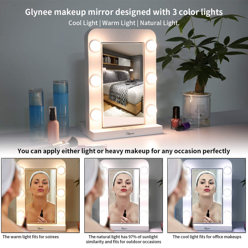 Glynee Hollywood Mirror with Light - LED Large Lighted Makeup Mirror Vanity Makeup Mirror Double Sided 360 Degree Swivel 1X/3X Magnifying Mirror with 3 Colors Lighting Modes Smart Touch