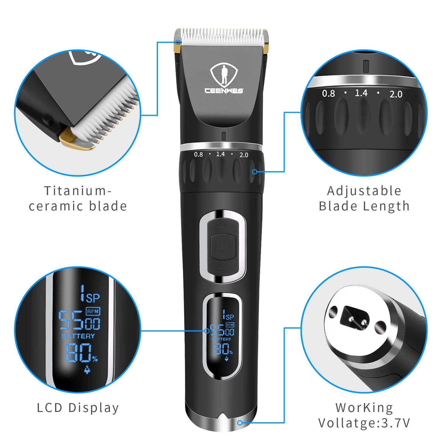 Ceenwes Hair Clippers Professional Heavy Duty Barber Shavers Machine 3-Speed Rechargeable Cordless Haircutting Tools for Men and Family Use