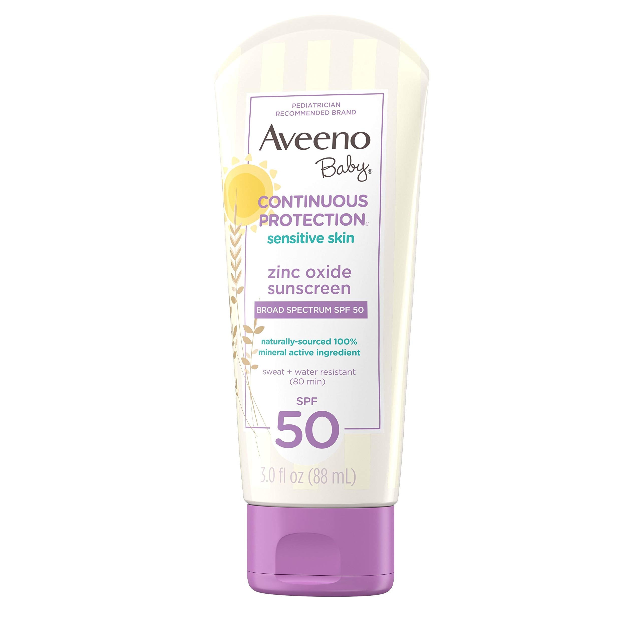 Aveeno Baby Continuous Protection Zinc Oxide Mineral Sunscreen Lotion for Sensitive Skin with Broad Spectrum SPF 50, Tear-Free, Sweat- & Water-Resistant, Travel-Size, 3 Packs of 3 fl. oz