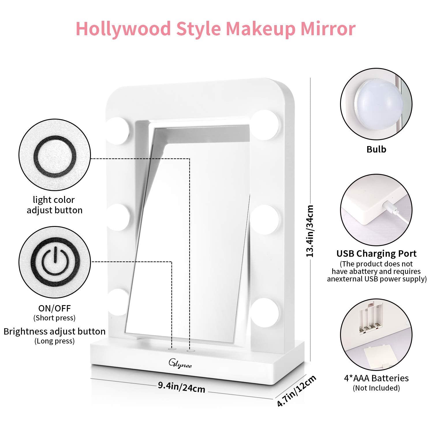 Glynee Hollywood Mirror with Light - LED Large Lighted Makeup Mirror Vanity Makeup Mirror Double Sided 360 Degree Swivel 1X/3X Magnifying Mirror with 3 Colors Lighting Modes Smart Touch