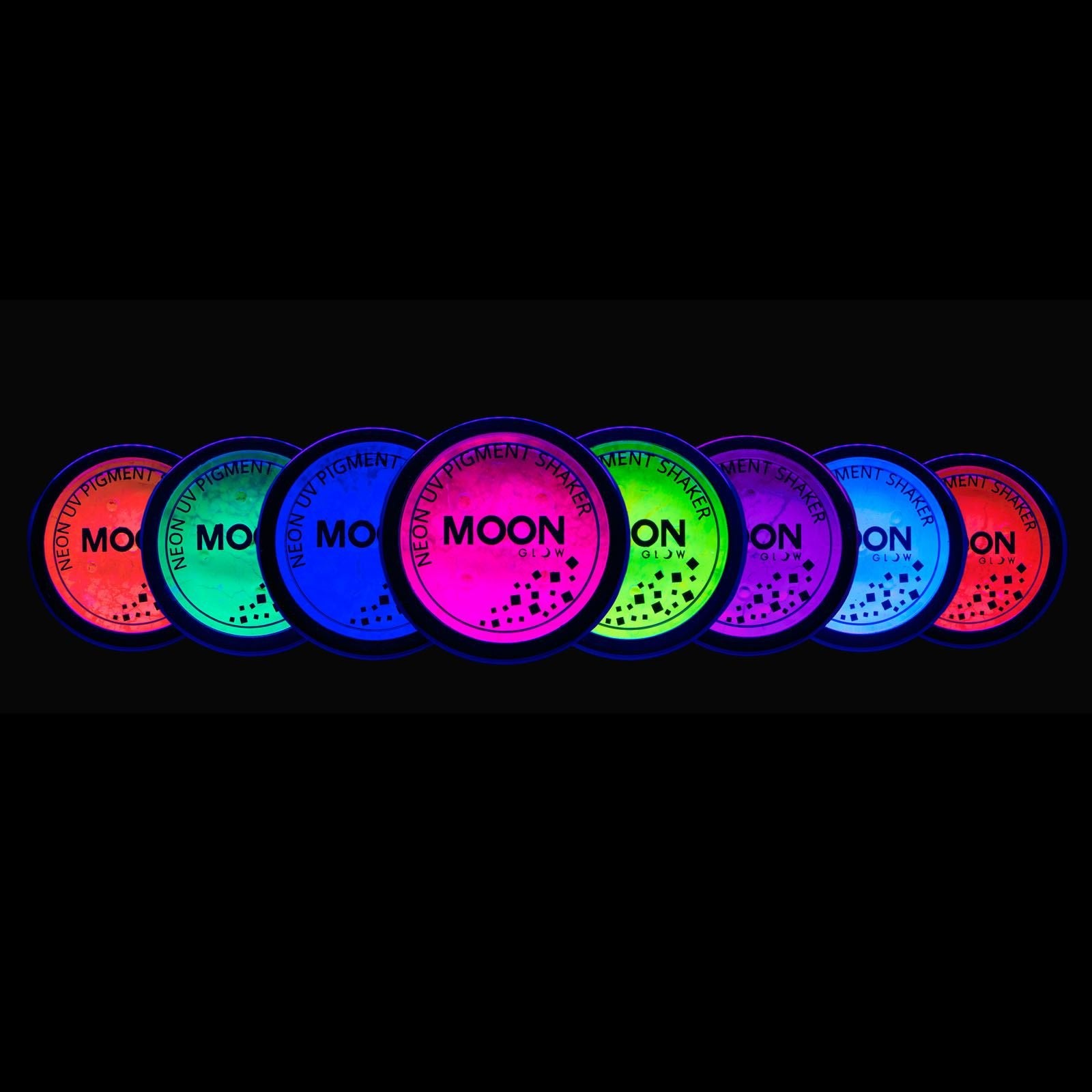 Moon Glow - Blacklight Neon UV Pigment Shaker 0.1oz Set of 8 â Glows brightly under Blacklights/UV Lighting! Use on the face/body, as loose eye shadow and for nail art