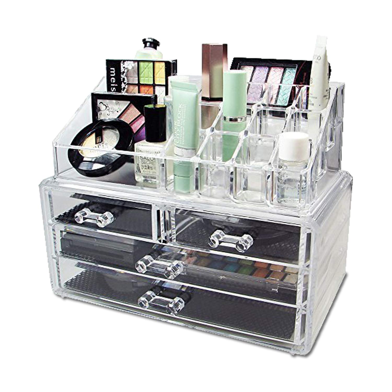Ikee Design Jewelry Makeup Cosmetic Storage Organizer Two Pieces Set Makeup Organizer Cosmetics, Jewelry, Hair Accessories, Bathroom Counter or Dresser, Clear Design for Easy Visibility