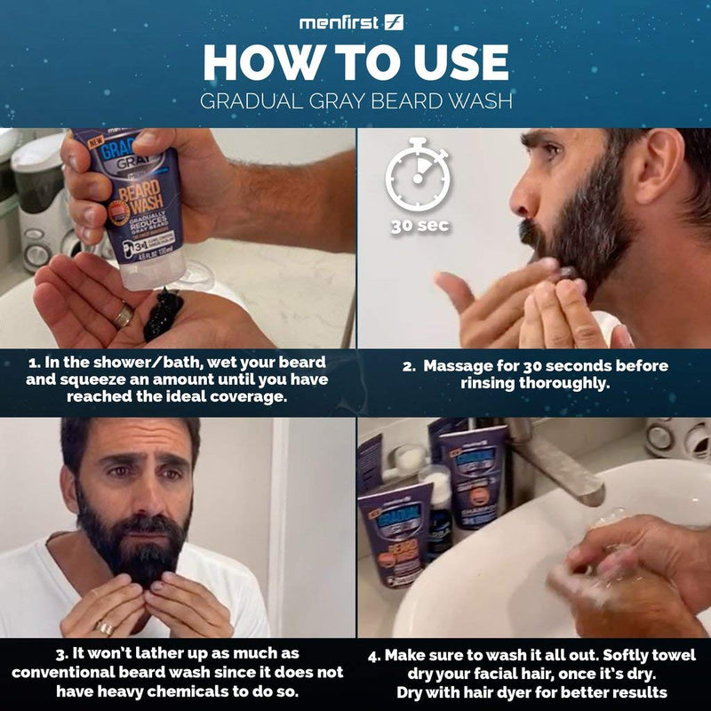 MENFIRST Gradual Gray Darkening Beard Wash For Men, Facial Hair Shampoo and Conditioner Cleans and Gradually Reduces White Beard Color with Every Wash For Natural Looking Results - Clean Ingredients, 4.6 oz, 3-Pack