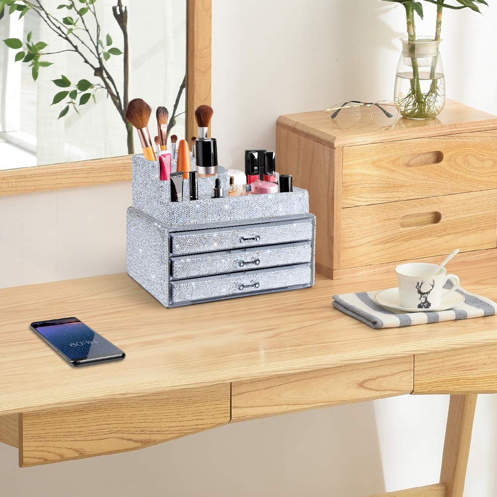 Makeup Organizers Drawer,Jewelry Cosmetic Storage Display Boxes, Makeup Brush Holder, Cosmetic Holder,Bling Diamond Countertop Jewelry Case Gift for Women,Girls,2 Pieces Set (Purely Handmade)