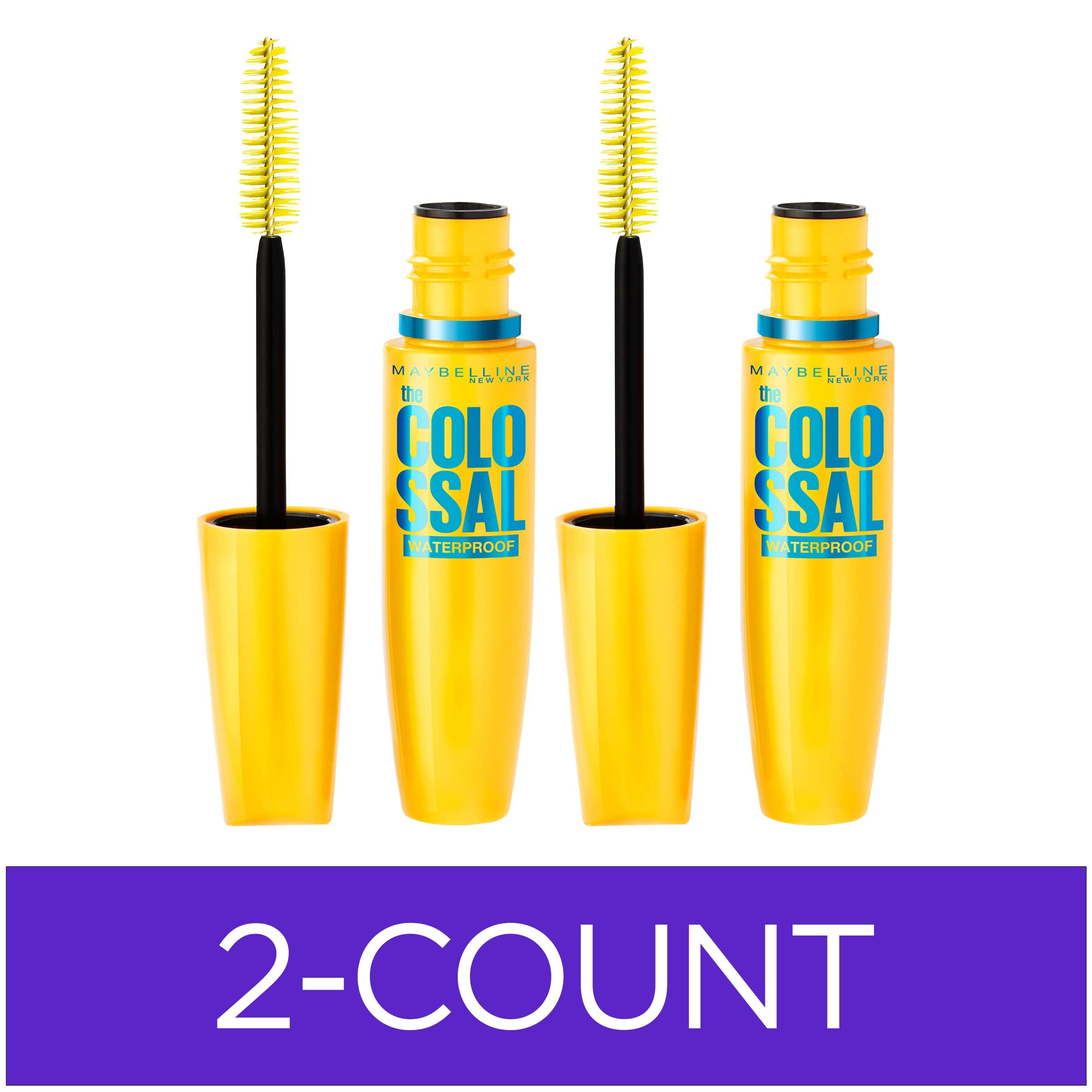 Maybelline Volum' Express The Colossal Waterproof Mascara Makeup, Volumizing No Clump Mascara, Glam Black, 2 Count