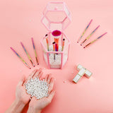 Glass Organizer for Makeup Brush, Suream 8.46â Black Hexagon Transparent Beauty Cosmetic Holder with Lid, Eyeliner Display Storage with White Pearls for Desktop, Dresser, Bedroom vanity and Countertop