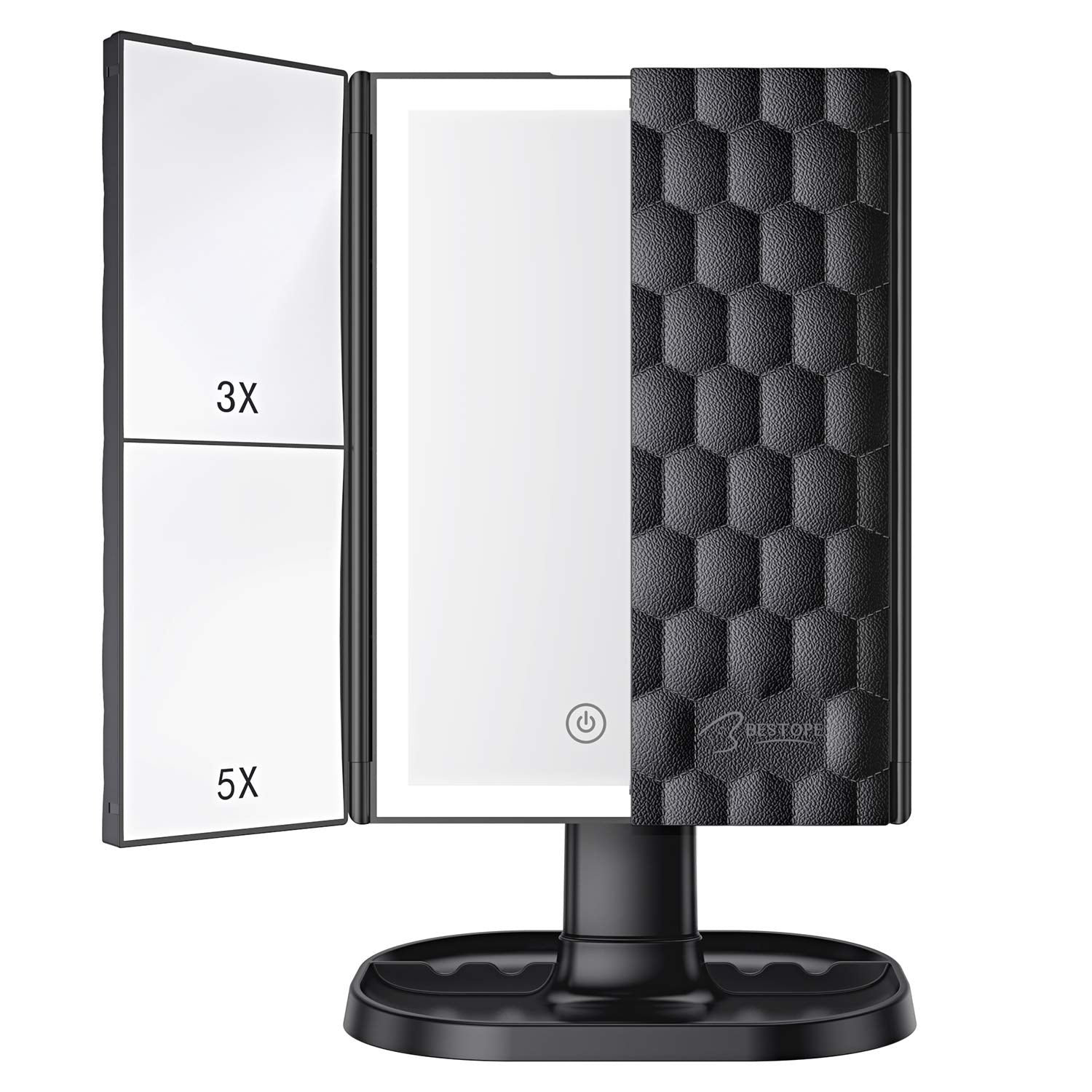 BESTOPE Upgrade Makeup Mirror with Lights,3X 5X Magnification,72 LED Vanity Trifold Mirror,3 Color Lighting Modes Lighted Makeup Mirror with Touch Screen,Portable High Definition Light Up Mirror Black