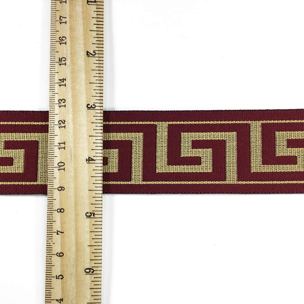 4-Yards 40mm Greek Key Elastic Silver Stretch Ribbon, Stretch Elastic Band, Headband, Hand Band and Waist Belt, TR-11375 (Burgundy)