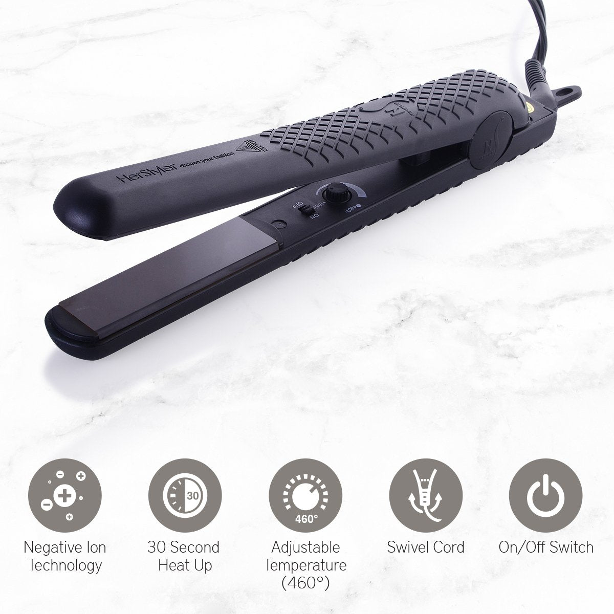 Herstyler Forever Straightening Flat Iron | Travel Friendly Dual Voltage Flat Iron 1.25 inch | Ceramic Hair Straightener For Silken Hair | Negative Ion Technology To Fight Frizz | Beautiful In Black