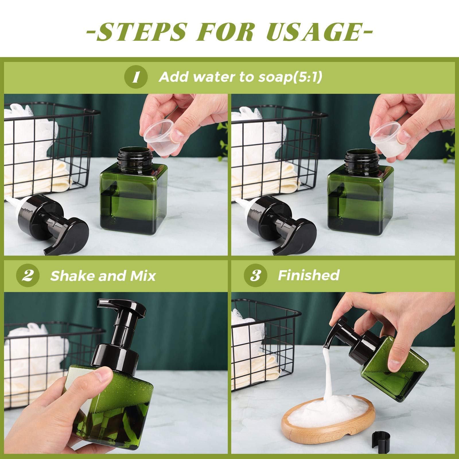 Foaming Shampoo Dispenser, Suream 4 Pack 8.45oz/250ml Green Plastic Refillable Hand Pump Bottle for Lotion, Soap, Conditioner, Empty Square Container for Bathroom Body Wash, Kitchen Sink and Travel