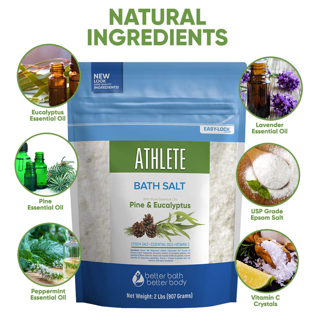 Athlete Bath Salt 32 Ounces Epsom Salt with Natural Lavender, Pine, Peppermint and Eucalyptus Essential Oils Plus Vitamin C in BPA Free Pouch with Easy Press-Lock Seal