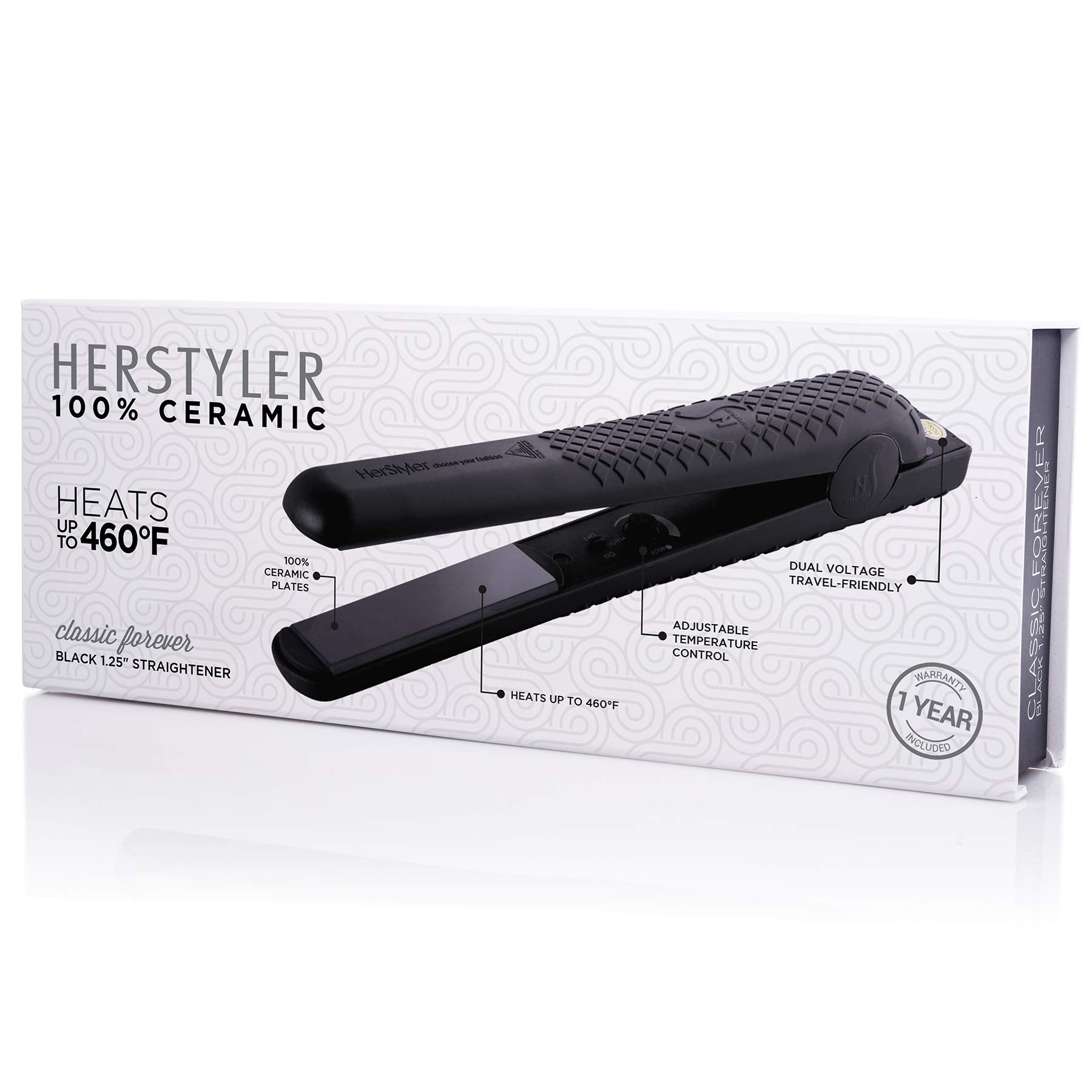 Herstyler Forever Straightening Flat Iron | Travel Friendly Dual Voltage Flat Iron 1.25 inch | Ceramic Hair Straightener For Silken Hair | Negative Ion Technology To Fight Frizz | Beautiful In Black
