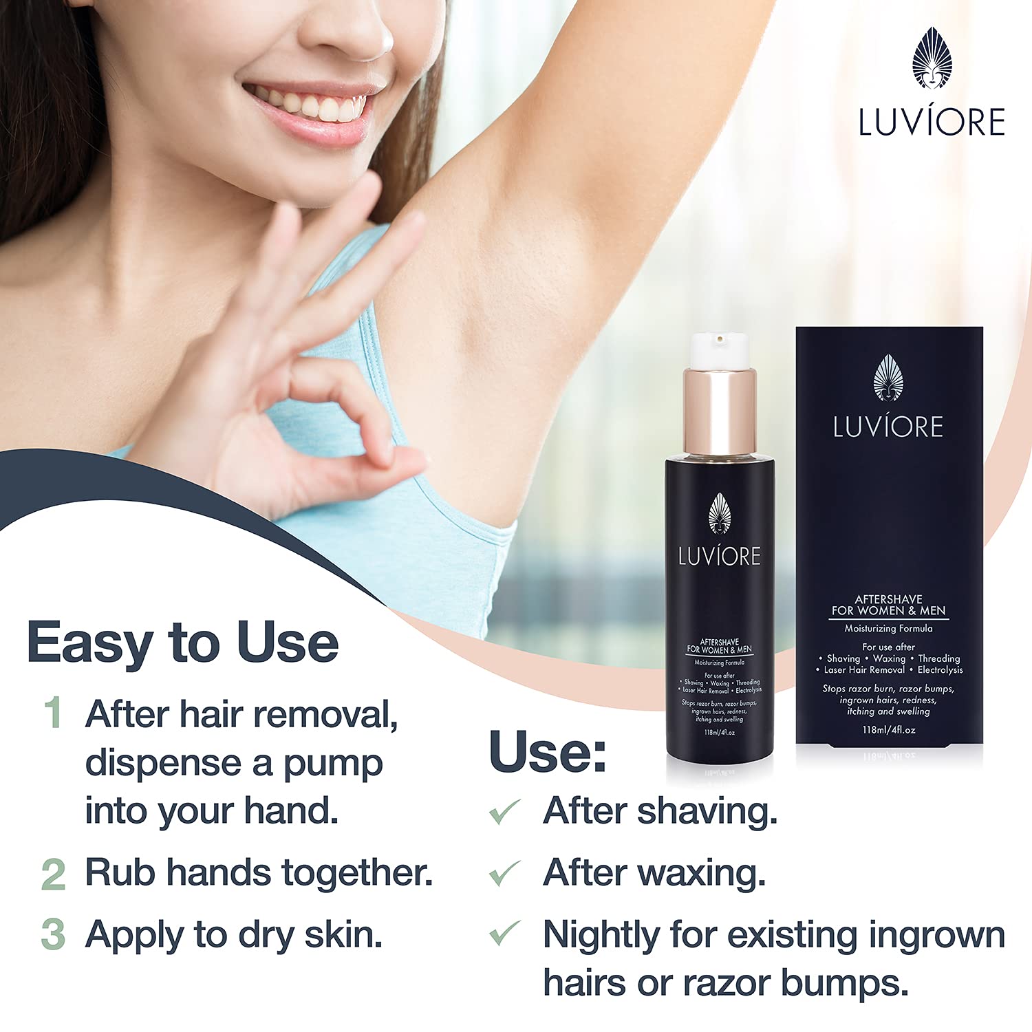 Luviore Ingrown Hair Treatment and After Shave Solution | Ingrown Hair Serum for Razor Burn and Razor Bump Treatment for Bikini Area | After Waxing Skin Care | Moisturizing Serum for Women & Men, 4oz