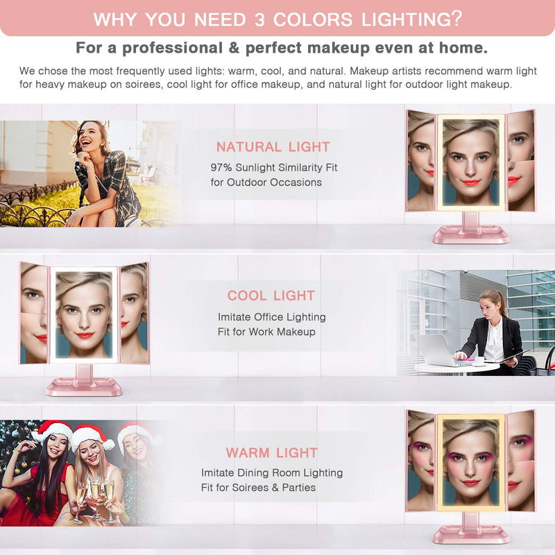 Makeup Mirror Vanity Mirror with Lights - 3 Color Lighting Modes 72 LED Trifold Mirror, Touch Control Design, 2x/3x Magnification, Portable High Definition Cosmetic Lighted Up Mirror