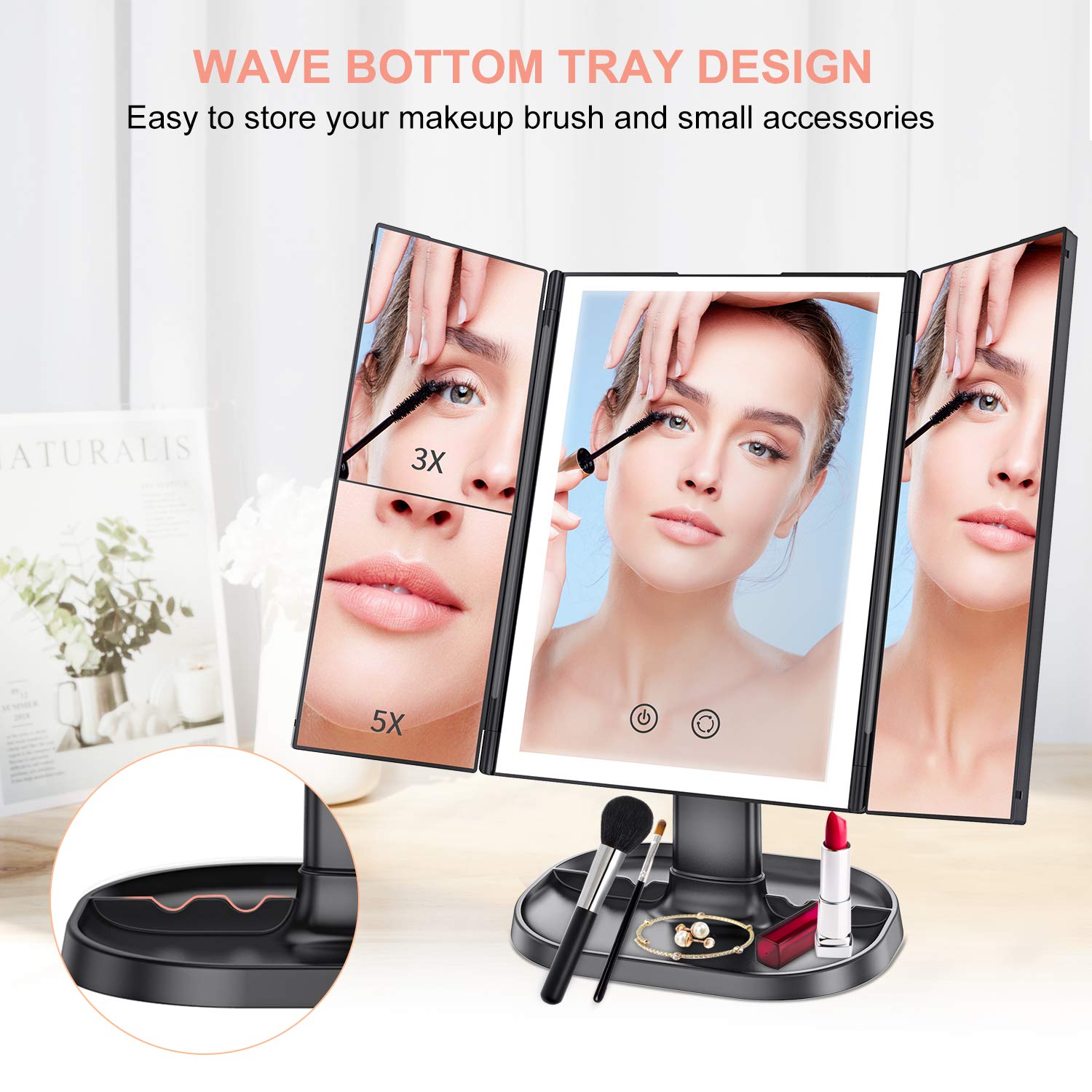 BESTOPE Upgrade Makeup Mirror with Lights,3X 5X Magnification,72 LED Vanity Trifold Mirror,3 Color Lighting Modes Lighted Makeup Mirror with Touch Screen,Portable High Definition Light Up Mirror Black