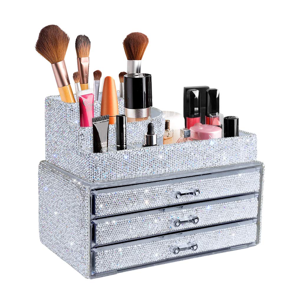 Makeup Organizers Drawer,Jewelry Cosmetic Storage Display Boxes, Makeup Brush Holder, Cosmetic Holder,Bling Diamond Countertop Jewelry Case Gift for Women,Girls,2 Pieces Set (Purely Handmade)