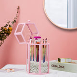 Glass Organizer for Makeup Brush, Suream 8.46â Black Hexagon Transparent Beauty Cosmetic Holder with Lid, Eyeliner Display Storage with White Pearls for Desktop, Dresser, Bedroom vanity and Countertop