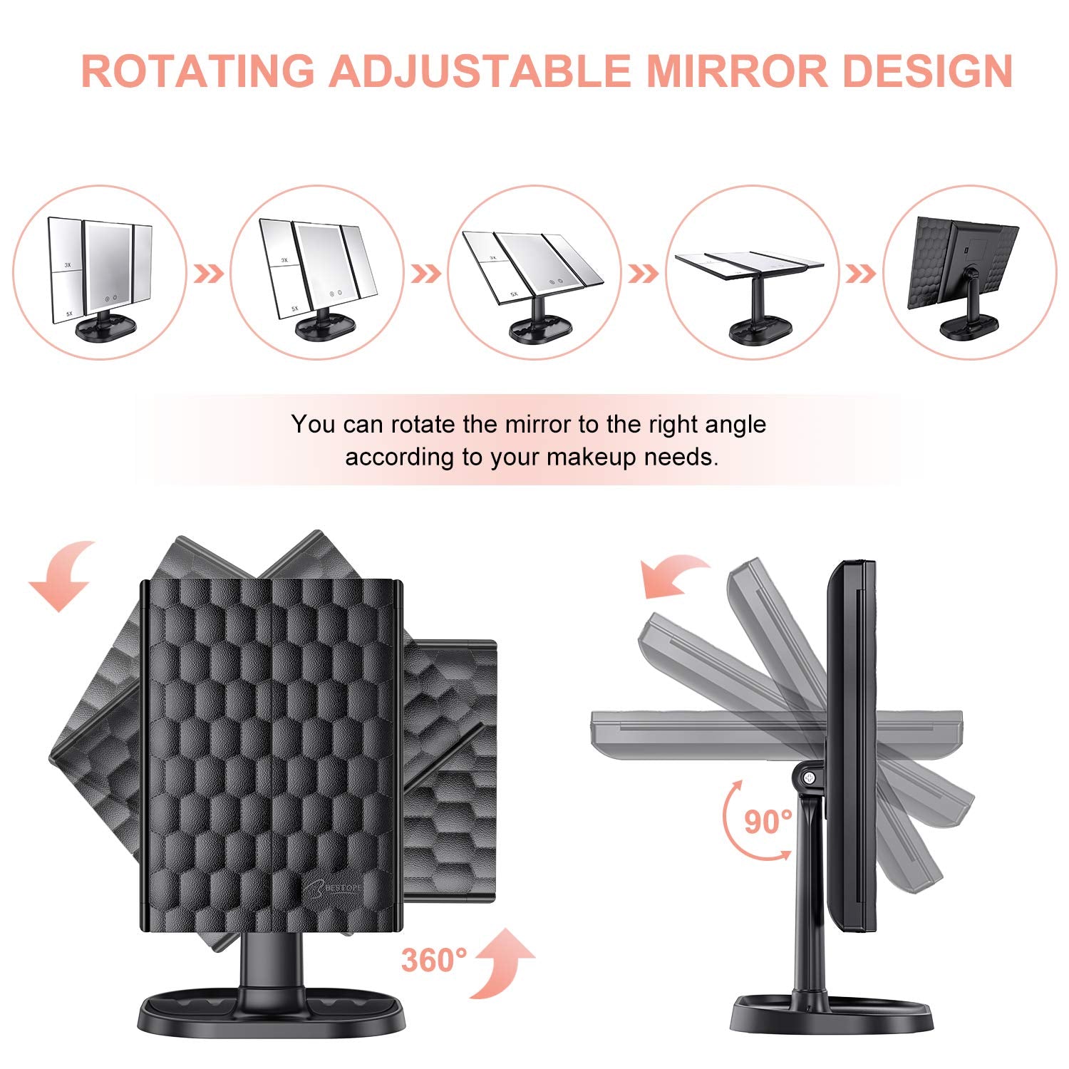 BESTOPE Upgrade Makeup Mirror with Lights,3X 5X Magnification,72 LED Vanity Trifold Mirror,3 Color Lighting Modes Lighted Makeup Mirror with Touch Screen,Portable High Definition Light Up Mirror Black