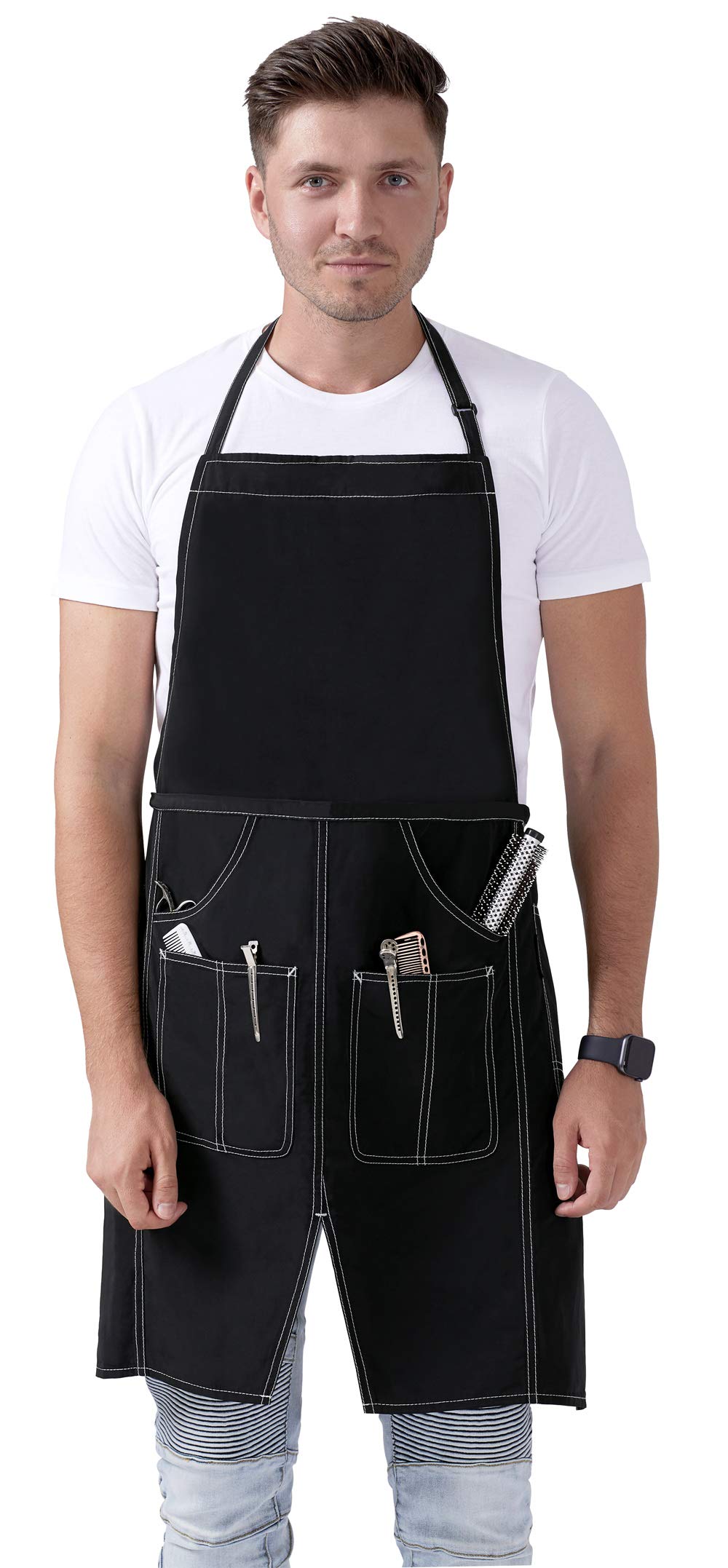 Hair Stylist Apron for Women with Pockets, Barber Hair Cutting Aprons for Men, Black Adjustable Bib Apron for Salon Hairdresser, Kitchen, Beauty, Tattoo, Barista, Bartender, Baker