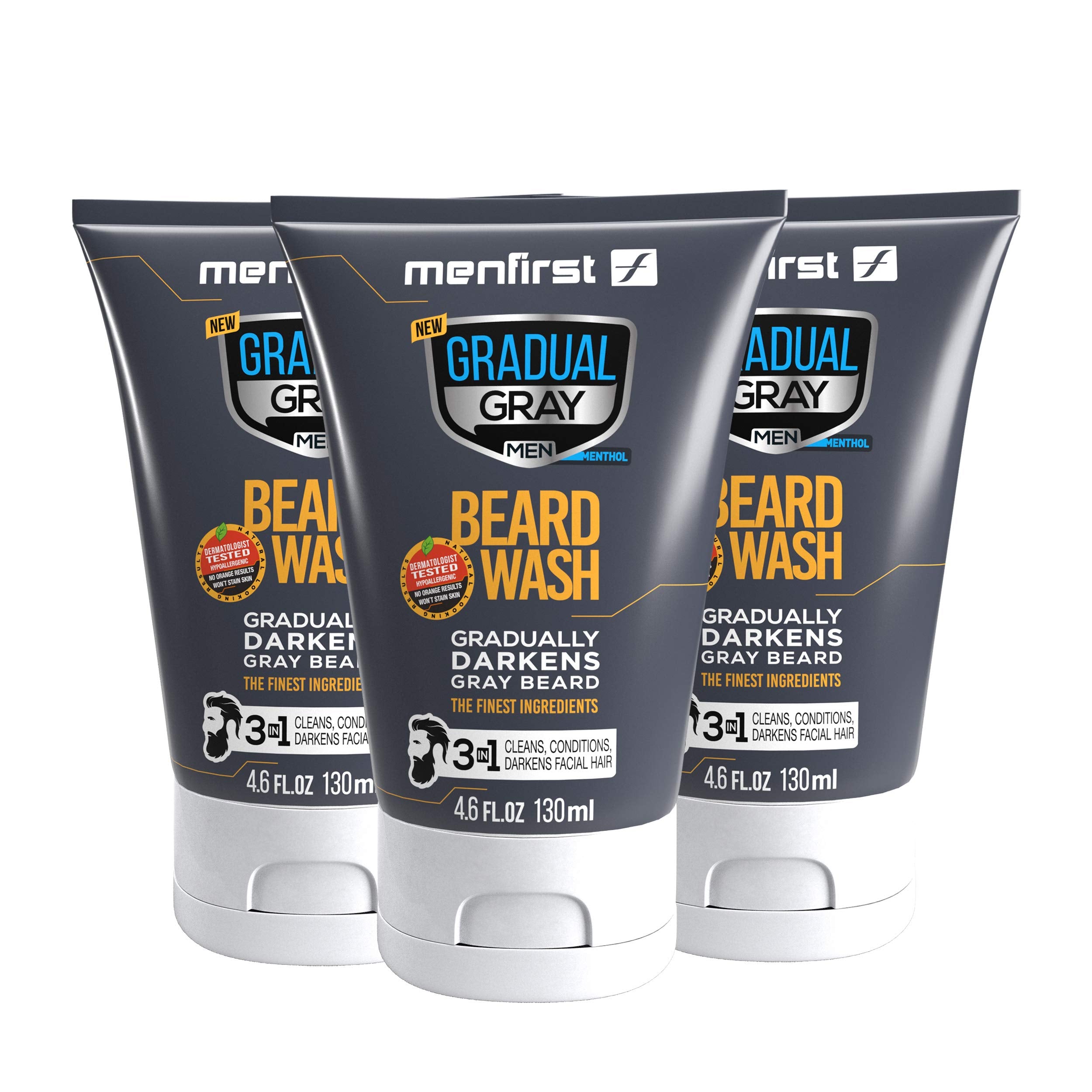 MENFIRST Gradual Gray Darkening Beard Wash For Men, Facial Hair Shampoo and Conditioner Cleans and Gradually Reduces White Beard Color with Every Wash For Natural Looking Results - Clean Ingredients, 4.6 oz, 3-Pack