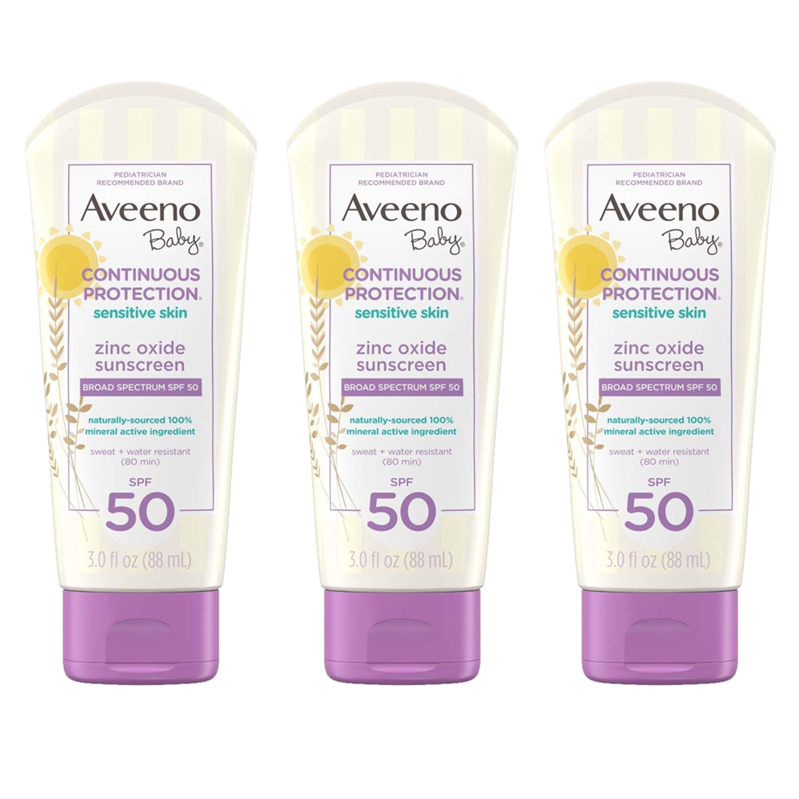 Aveeno Baby Continuous Protection Zinc Oxide Mineral Sunscreen Lotion for Sensitive Skin with Broad Spectrum SPF 50, Tear-Free, Sweat- & Water-Resistant, Travel-Size, 3 Packs of 3 fl. oz