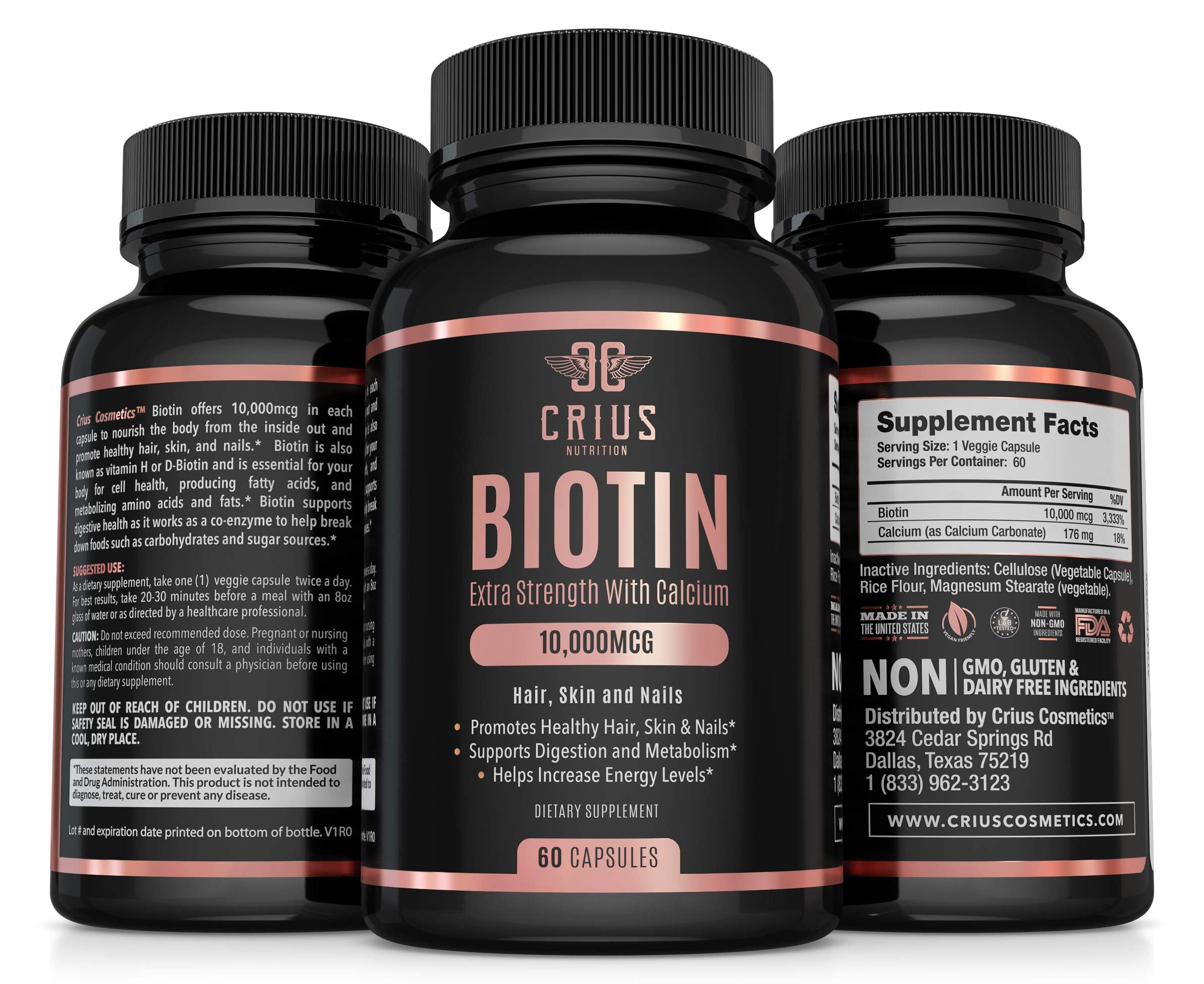 Crius Nutrition Biotin Supplement with Calcium for Thinning Hair, Skin and Nails (20,000mcg) - Hair Regrowth Treatment for Men and Women - Nail Strengthener and Growth Formula Biotin